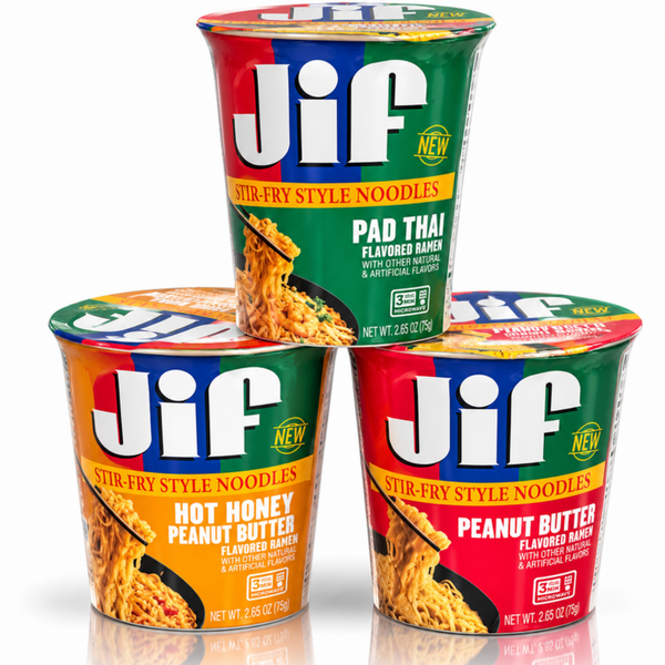 Jif Peanut Butter Noodles 3 pack, Peanut Butter, Hot Honey and Pad Thai ramen cups