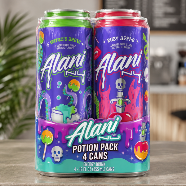 Alani Nu Energy Potion four pack, two Witch's Brew and two Ruby Apple 12 oz cans