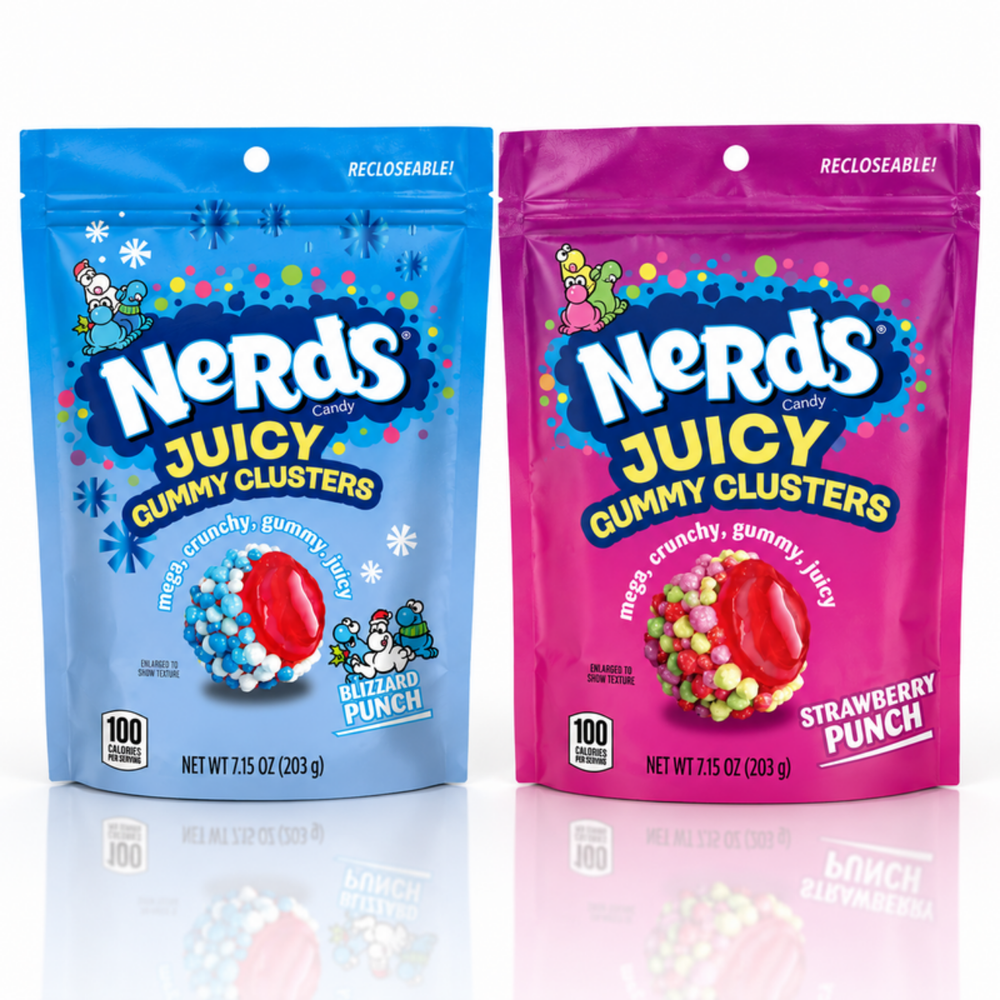 Nerds Juicy Gummy Clusters Blizzard Punch and Strawberry Punch 7.15 oz bags