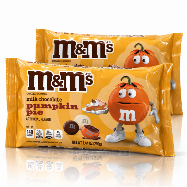 Two 7.44 oz bags of M&M's Milk Chocolate Pumpkin Pie candy