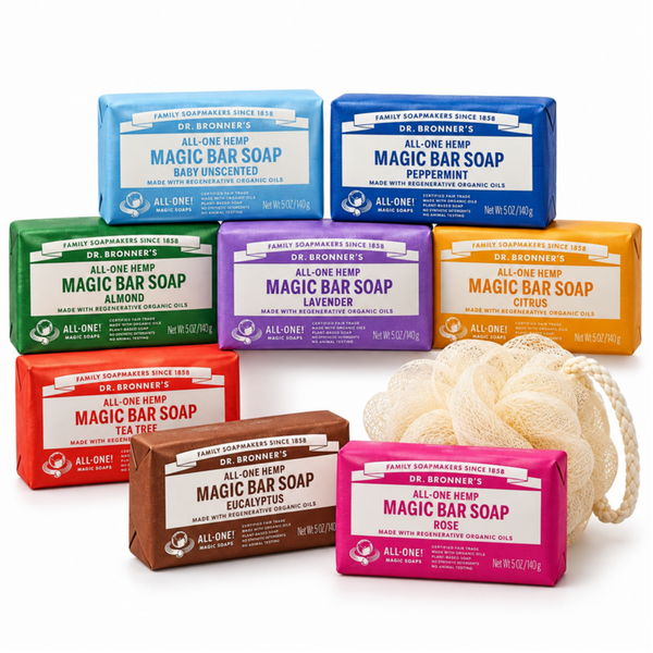 Dr. Bronner's Magic Bar Soap variety pack, 8 bars with bath sponge