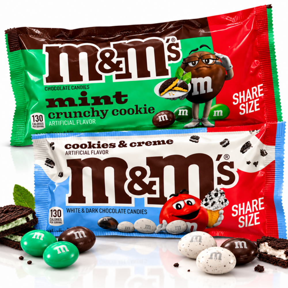 M&M's Mint Crunchy Cookie and Cookies and Creme share size 2 pack