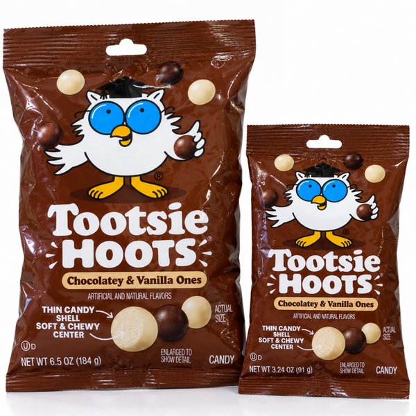 Tootsie Hoots Chocolatey and Vanilla Ones candy, large and small bags
