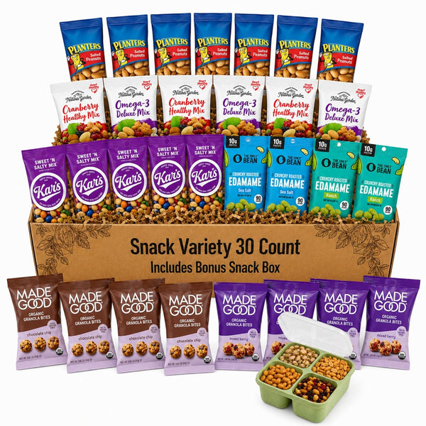 Protein Snack Variety Pack — 30 Count | MadeGood, Edamame, Mixed Nuts + Bonus Snackle Box