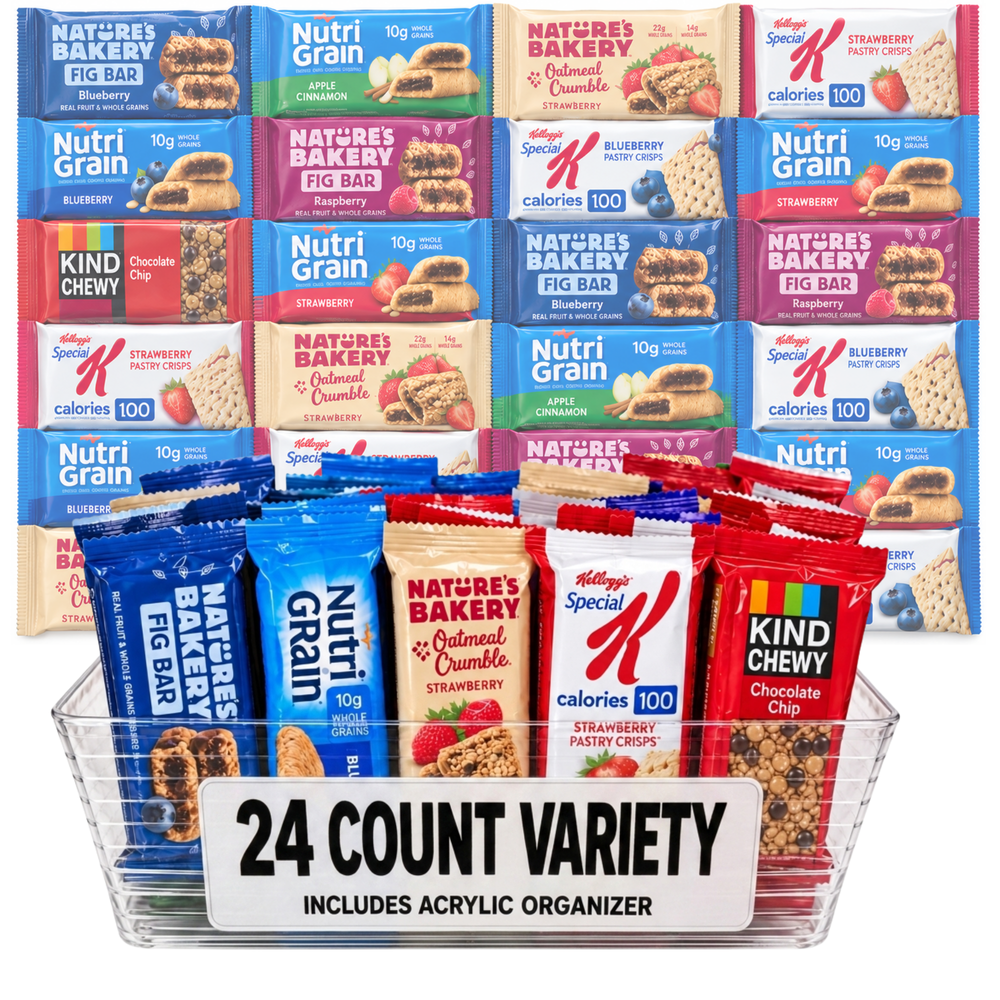 Granola Bars Variety Pack, 24 Count + Bonus Acrylic Storage Bin