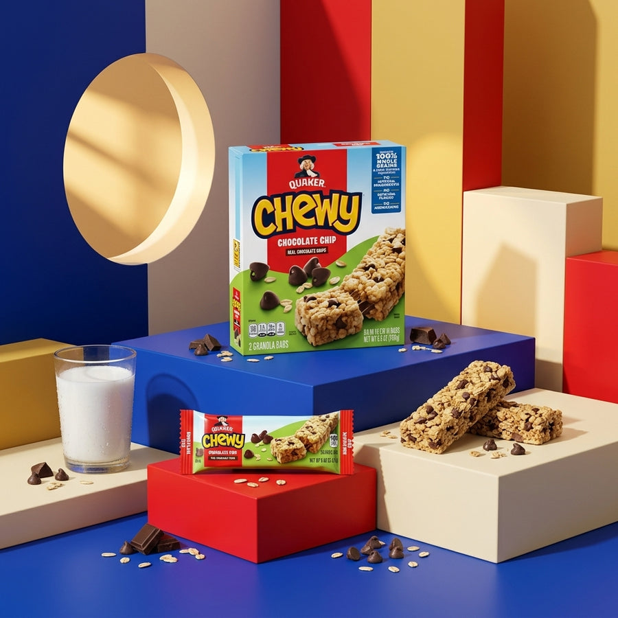 Quaker Chewy chocolate chip granola bars styled with milk and chocolate chips