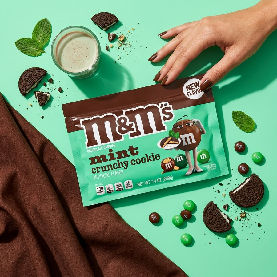 M&M's Mint Crunchy Cookie candy styled with mint cookies and chocolate candies