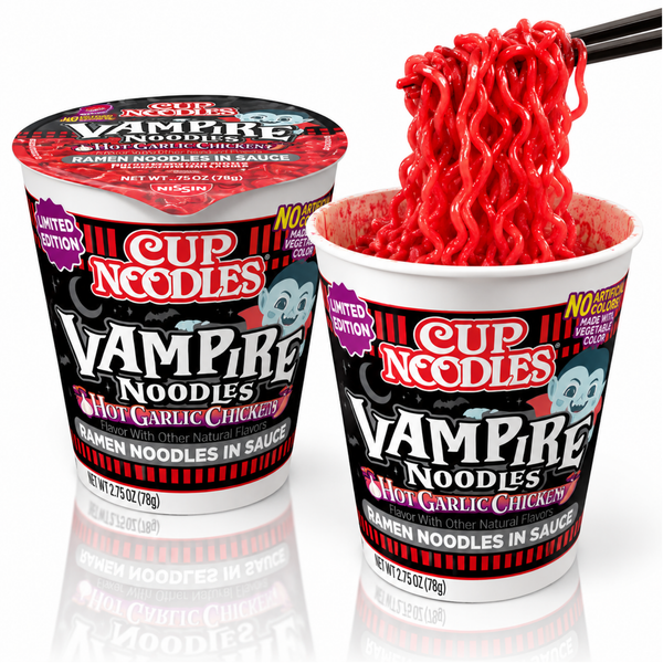 Cup Noodles Vampire Noodles Hot Garlic Chicken limited edition cup with red noodles