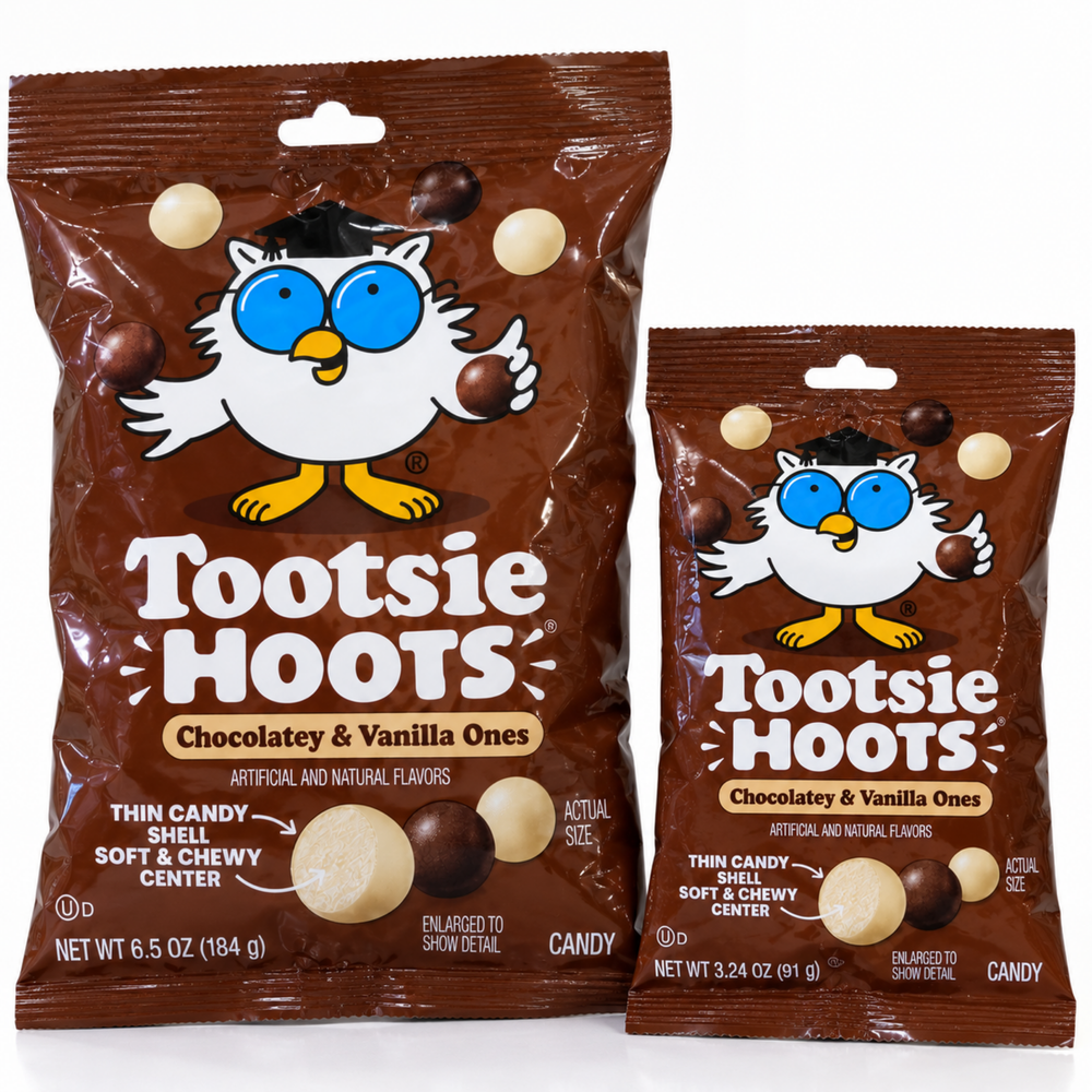 Tootsie Hoots Chocolatey and Vanilla Ones candy, large and small bags
