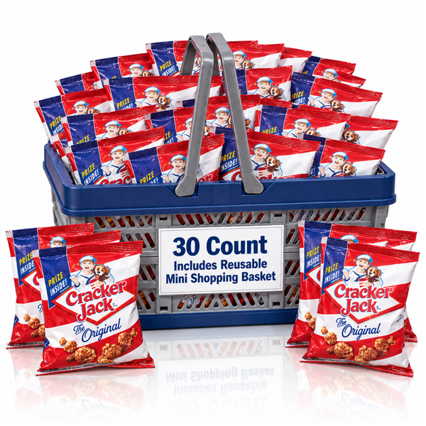 Cracker Jack Caramel Popcorn Snacks, 30 Bags + Mini Shopping Basket