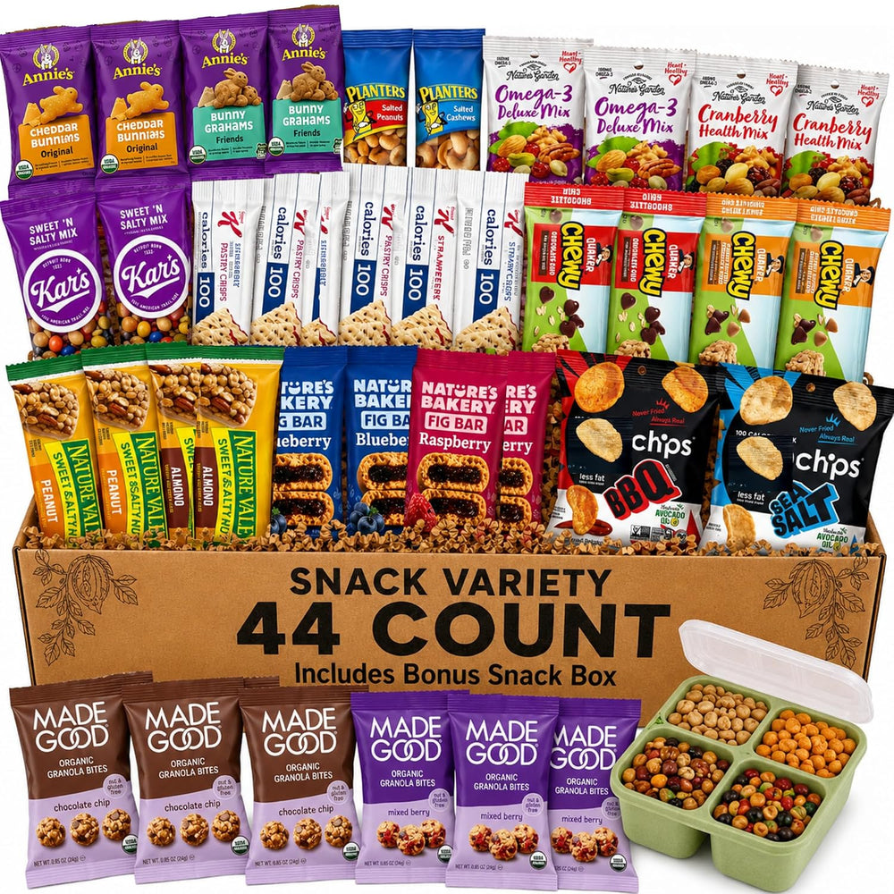 Healthy Snacks Variety Pack 44 Count with bonus snack container — full contents laid out