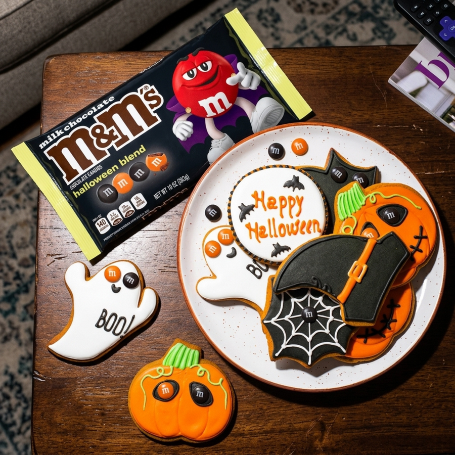 M&M's Halloween Blend candy styled with decorated Halloween cookies