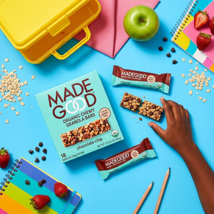MadeGood chocolate chip granola bars styled with school lunch items and fruit