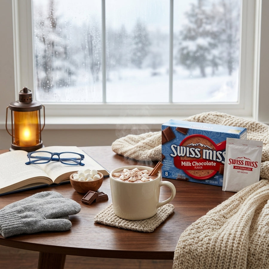 Swiss Miss milk chocolate hot cocoa in a cozy winter setting with marshmallows